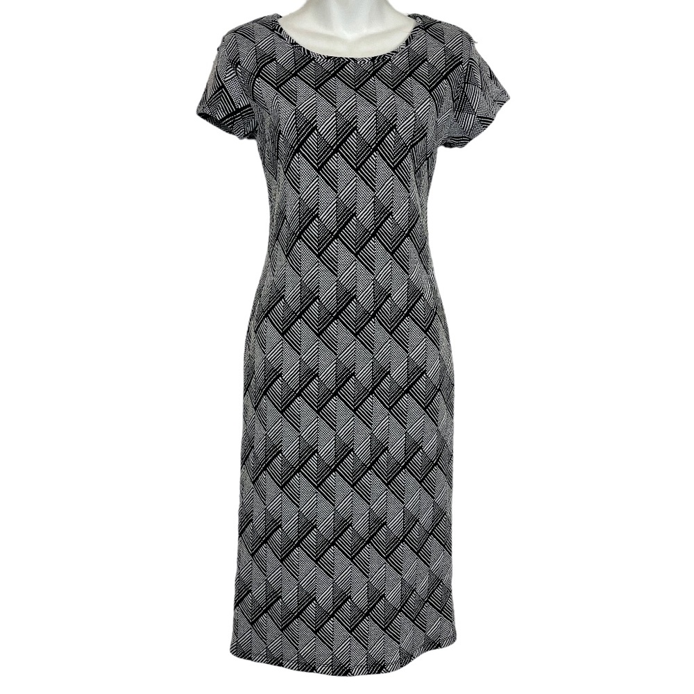 Cotton On Stretch Knit Sheath Short Sleeve Knee Length Black White Dress sz M